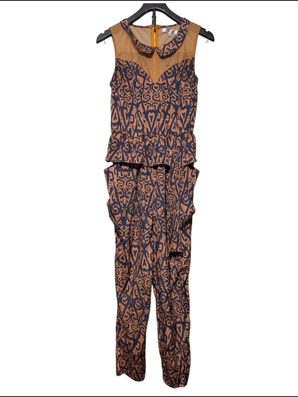 Katia Navy & Tan Abstract Print Jumpsuit Mesh Yoke Peter Pan Collar Size S